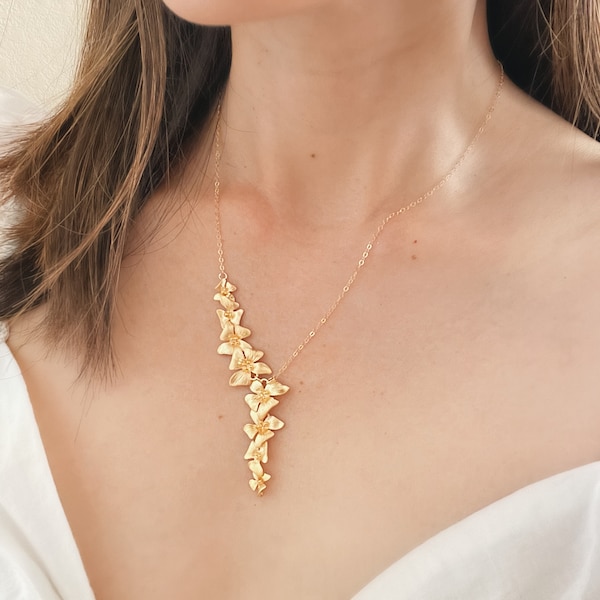 Asymmetrical Flower Necklace- Gold Dogwood Necklace, Y Necklace, Delicate Statement Necklace, Feminine Necklace, Dainty Necklace