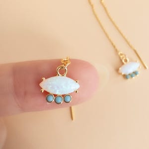 Dainty Opal Threader Earrings Gold Opal Earrings Long Chain Earrings with Opal Stones October Birthstone Earrings Minimal Opal Jewelry Gift image 7