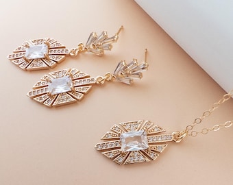 Art Deco Necklace and Earrings Set Gatsby Party Jewelry Set Marquise Pendant Necklace Vintage Inspired Art Deco Earrings Pave Jewelry Set