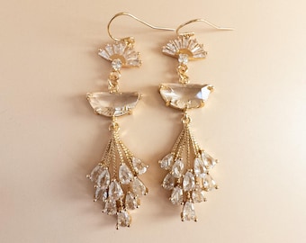 New Years Eve Earrings, Gold Crystal Chandelier Dangles for Holiday Party, Sparkly Art Deco Statement Jewelry, Christmas Gift for Her