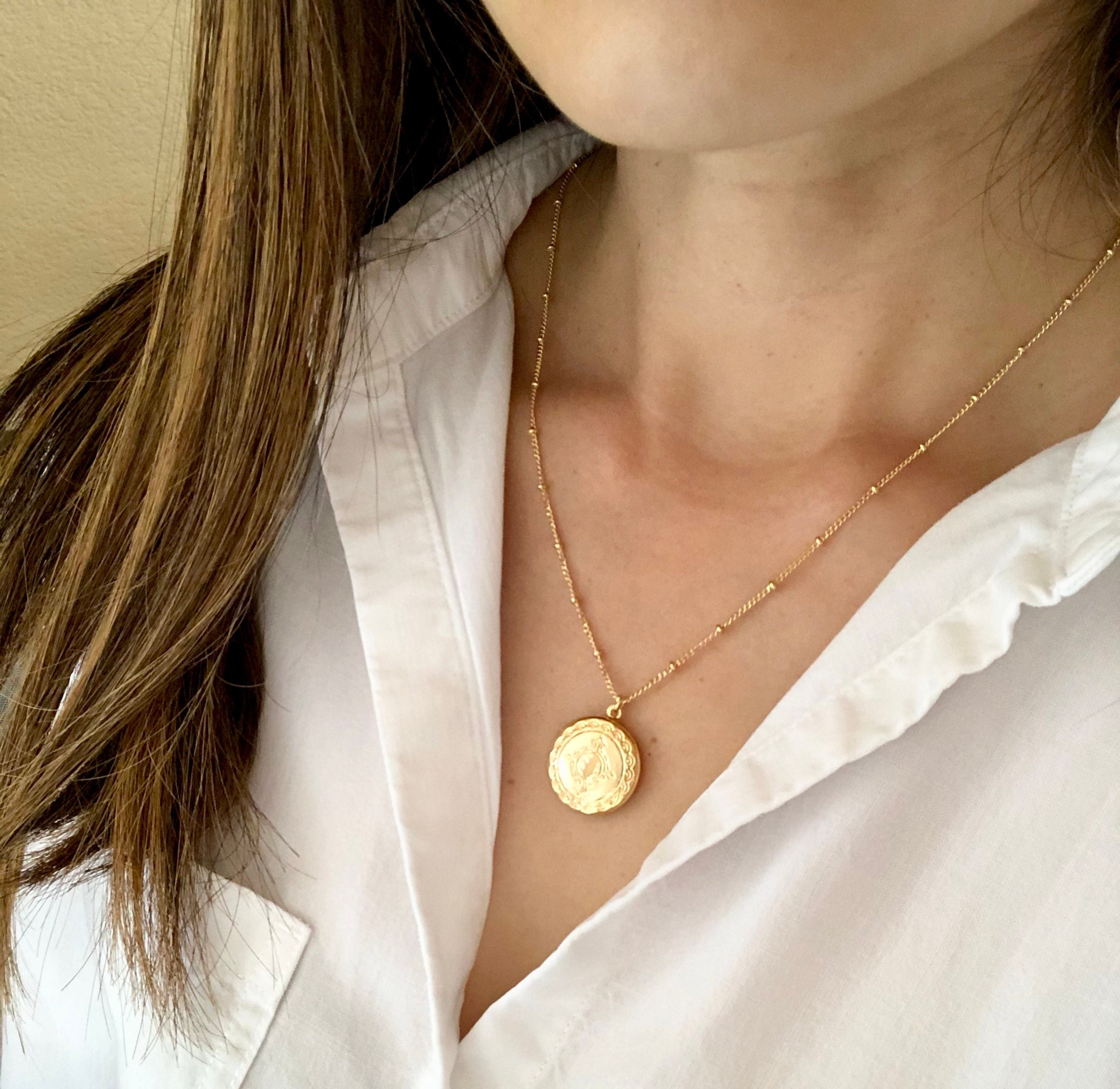 Gold circle locket necklace best sale