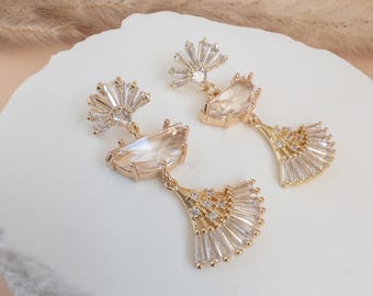 Boho Bridal Earrings, Art Deco Earrings, Gold Statement Earrings for Bride,Fan Earrings Long, Wedding Earrings, Earrings for Prom