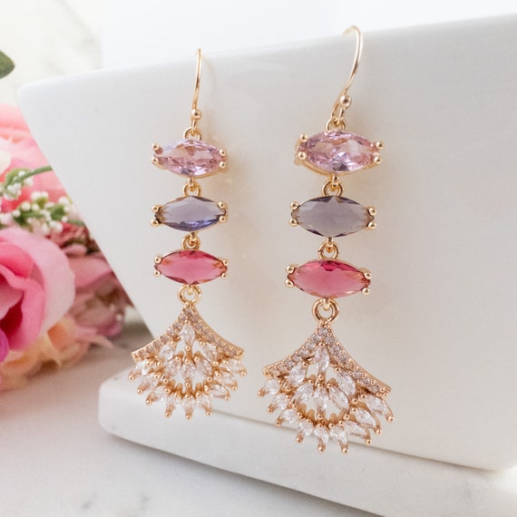 Pink Statement Earrings Colorful Indian Wedding Guest Jewelry Set Long Drop Fan Earring Gold Purple Magenta Glam Earrings for Prom or Formal
