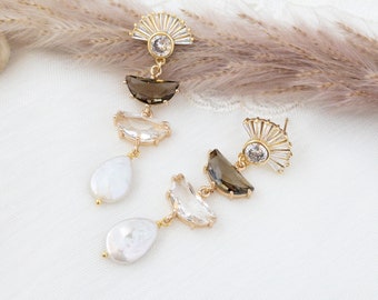 Statement Art Deco Pearl Earrings Long Drop Pearl Earrings Brown Wedding Guest Earring Boho Pearl Gold Fan Earring Art Deco Wedding Jewelry