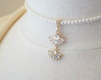 Art Deco Choker Necklace Set Boho Bridal Jewelry Set Pearl Choker Necklace Art Deco Necklace Fan Necklace Bridal Necklace White Boho Jewelry
