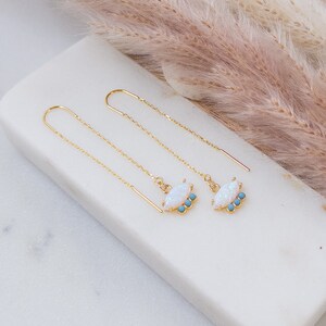 Dainty Opal Threader Earrings Gold Opal Earrings Long Chain Earrings with Opal Stones October Birthstone Earrings Minimal Opal Jewelry Gift image 2