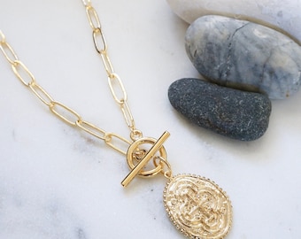 Gold Medallion Necklace - Thick Gold Chain Necklace, Statement Necklace, Layering Necklace, Gold Coin Necklace, Gold Necklace