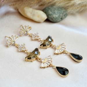 Black Art Deco Earrings Gold Statement Earrings Long Fan Earrings 1920s Earrings Vintage Style Earrings Art Deco Jewelry Black Tie Wedding