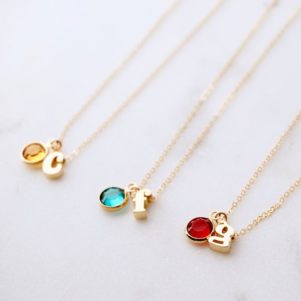 Gold Birthstone Initial Necklace - Personalized Birthstone Necklace, Tiny Letter Necklace, Custom Alphabet Necklace