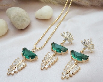 Art Deco Necklace Green Crystal Necklace Emerald Art Deco Earring Set Crystal Leaf Necklace Boho Bridal Necklace Wedding Guest Jewelry