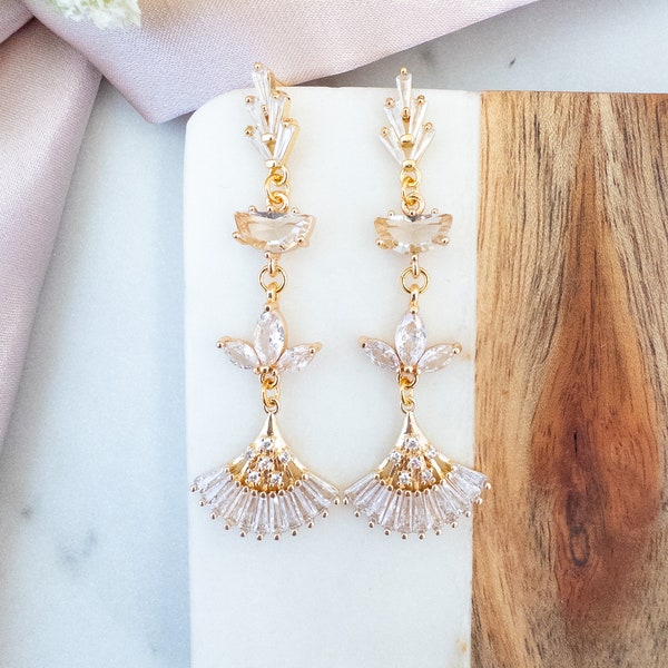 Rhinestone Drop Earrings Retro Boho Bridal Earrings 1920s Gatsby Statement Gold Earrings Vintage Style Deco Earring Bridal Shower Gift Idea