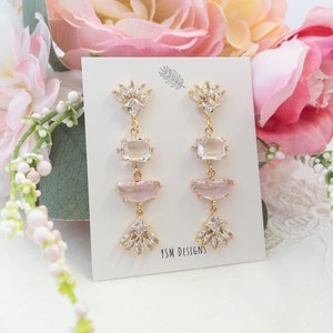 Pink Statement Earrings Pink Crystal Earring For Wedding Guest Statement Art Deco Earring Long Dangle Earrings Pink Stone Earring for Bride