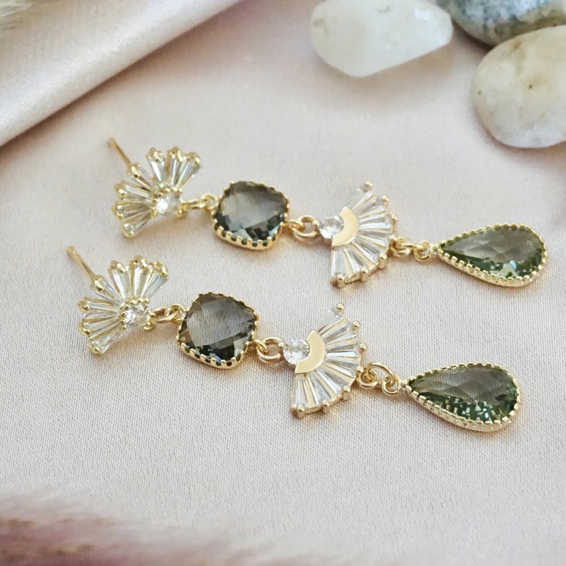 Gold 1920s Earrings with Gray Stones by YSM Designs