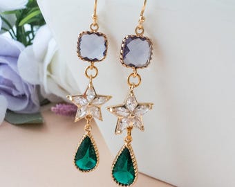 Emerald Plum Earrings Star Dangle Earrings Fall Wedding Guest Earrings Gold Filled Earrings Purple Green Jewelry Three Tier Earrings Gold