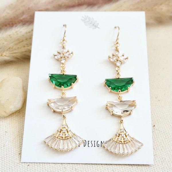 Art Deco Chandelier Earrings Green Stone Wedding Guest Earrings Art Deco Earrings Long Dangly Earrings Great Gatsby Earrings Fan Shaped