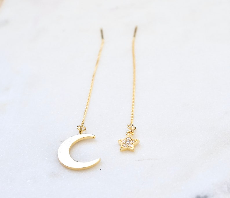 Gold Ear Threaders Moon Earrings Star Threader Earrings Etsy
