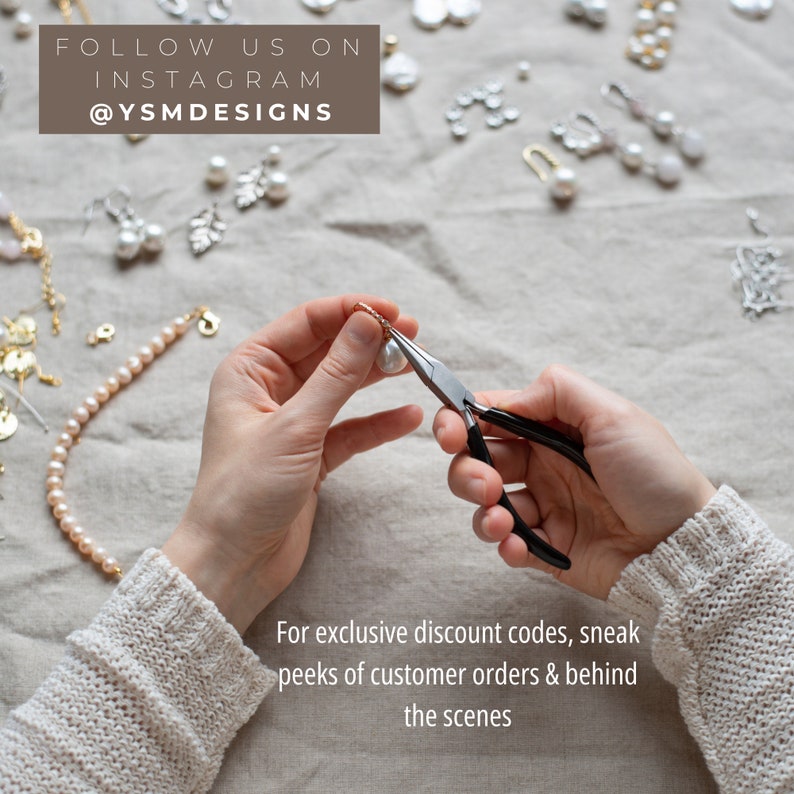 May include: A person using pliers to work on a pearl earring. The image shows various jewelry pieces, including pearl necklaces and earrings, scattered on a neutral-colored surface. Text in the image reads "FOLLOW US ON INSTAGRAM @YSMDESIGNS".