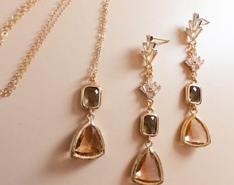 Conjunto de joyas de cristal champán dorado, pendientes largos Art Deco y collar, joyería elegante para la noche, accesorios de gala elegantes, regalo para esposa por menos de 100