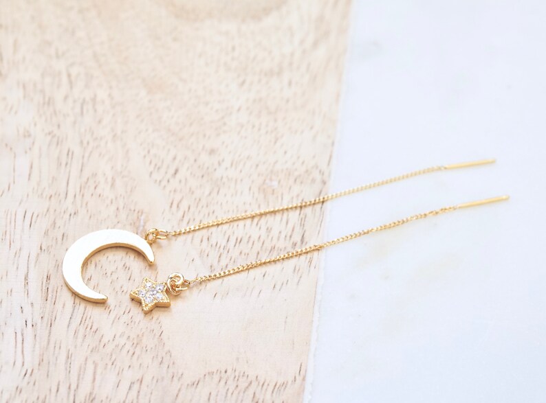 Gold Ear Threaders Moon Earrings Star Threader Earrings Etsy