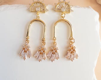 Gold Statement Earrings for Prom Formal Event Gala New Years Eve Jewelry Crystal Dangle Drop Earrings