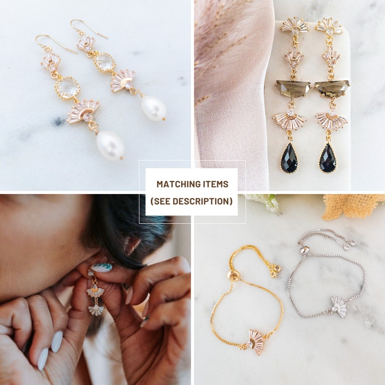 May include: Elegant gold-toned earrings with clear and pink crystals, and a dangling white pearl. Another pair features dark gray and black teardrop-shaped stones. A gold bracelet and a silver bracelet with a fan-shaped design are also shown.