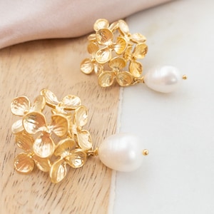 Statement Flower Earrings Gold Hydrangea Earrings Statement Earrings Gold Bridal Pearl Earrings  Floral Earrings Post Wife Gift