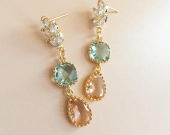 Pendientes colgantes de novia verde espuma de mar, joyería nupcial de cristal para la novia y las damas de honor, regalo. Pendientes de novia color melocotón pastel para bodas en jardines de primavera.