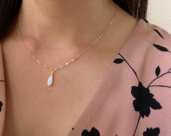 Dainty Opal Necklace Gold Opal Teardrop Necklace Teardrop Opal Pendant Necklace Minimal Opal Jewelry Gift for October Birthday Girl