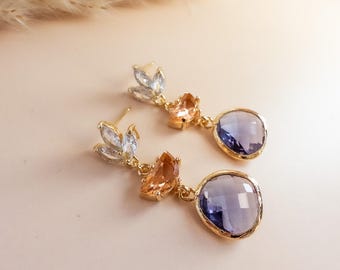 Formal Event Earrings Plum Purple Peach Crystal Drop Dangle Gold Art Deco Statement Jewelry Gift for Gala Black Tie Cocktail Party Dress