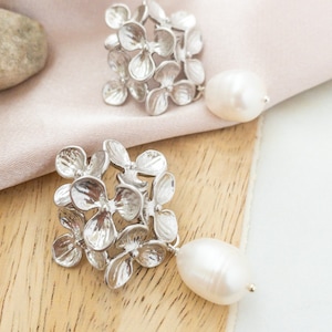 Hydrangea Earrings Silver Statement Earrings with Pearls Silver Flower Pearl Earrings Hydrangea Gift for Wife from Husband Gift for Mom