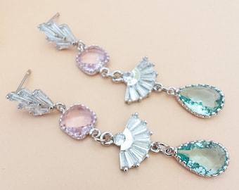 Art Deco Drop Earrings Pink Mint Green Wedding Guest Earrings Silver Crystal Chandelier Earrings Vintage Long Statement Dangle Earrings