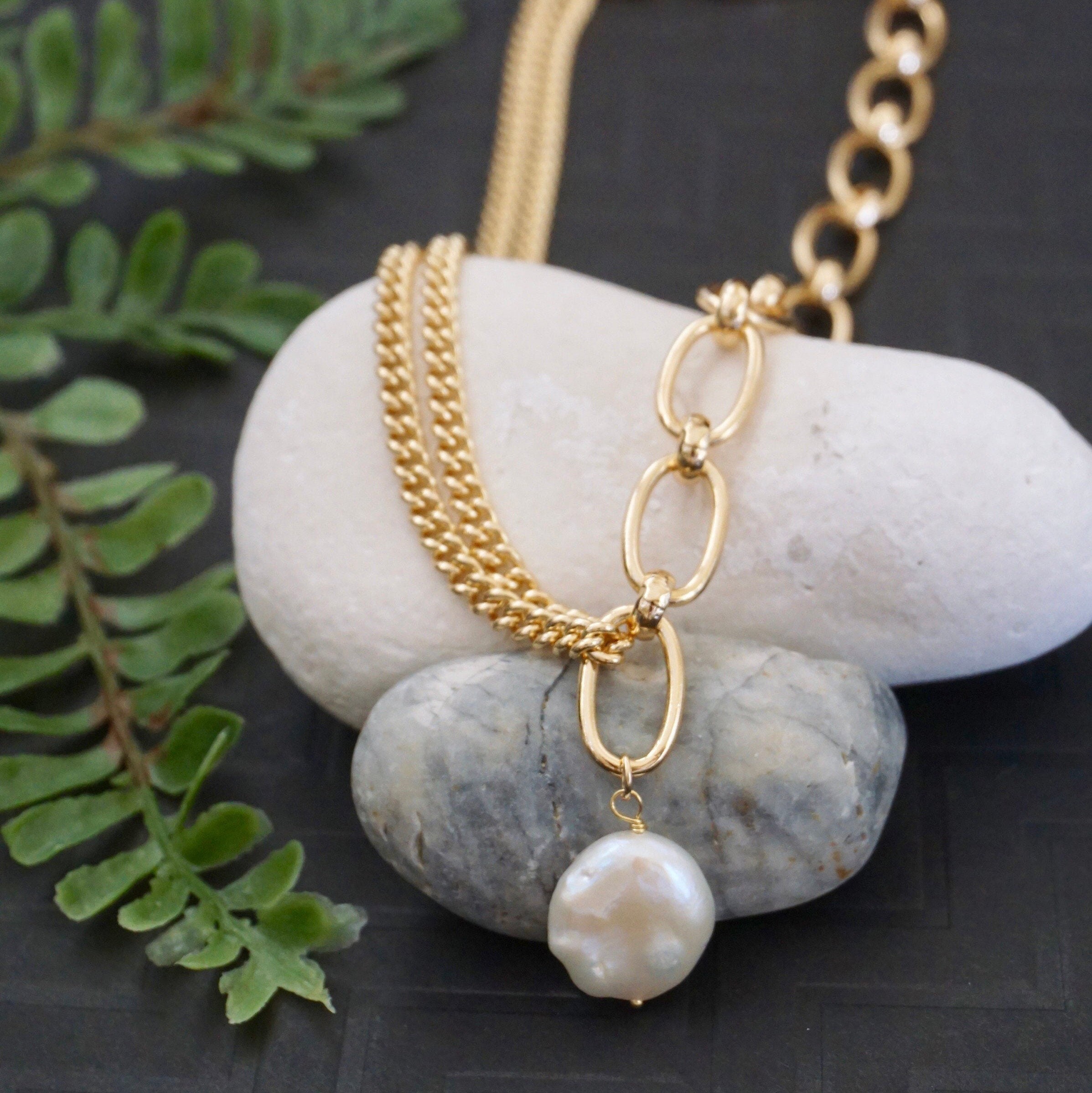 Gold Chunky Pearl Pendant Big Industrial Cable Link Large Oversized Statement Womens Jewellery Hip Hop Punk Formal Big Necklace