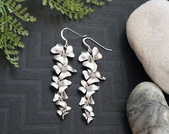 Silver Statement Earrings Cascading Dogwood Earrings Long Earrings Silver Flower Earrings Feminine Jewelry Nature Earrings Gift for Her