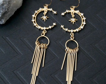 Statement Celestial Earrings Gold Fringe Earrings Long Moon Earrings Dangle Star Statement Earrings Boho Jewelry Large Crescent Earrings