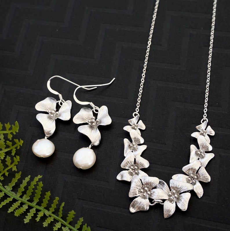 Silver Dogwood Necklace Set by YSM Designs
