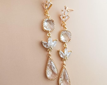 Pendientes colgantes de cristal para novia, pendientes de boda dorados para novia, joyería de boda art déco, elegantes pendientes colgantes para damas de honor, pendientes formales
