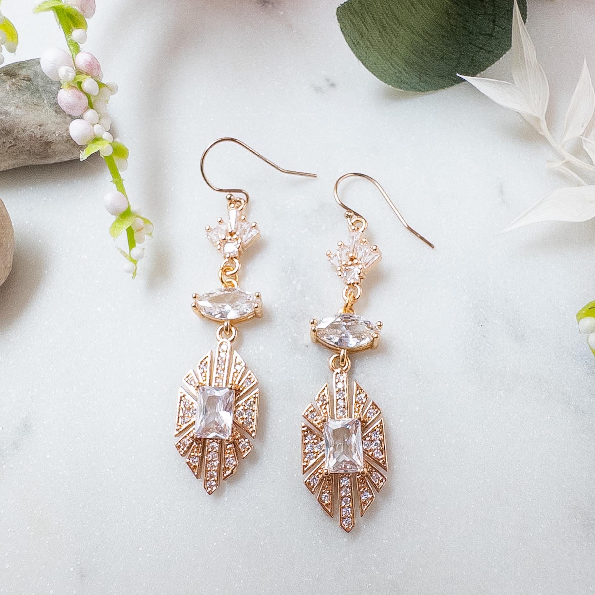 Dangly Art Deco Earrings Gold Retro Style Bridal Earrings Wedding Guest Dangly Art Deco Earrings Gold Retro Style Bridal Earrings Wedding Guest