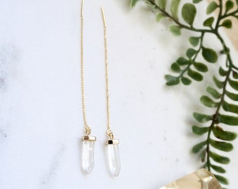 Gold Threader Earrings Crystal Threaders Clear Quartz Earrings Dainty Earrings Long Earrings Gold Ear Threaders Gold Earrings Spike Earrings