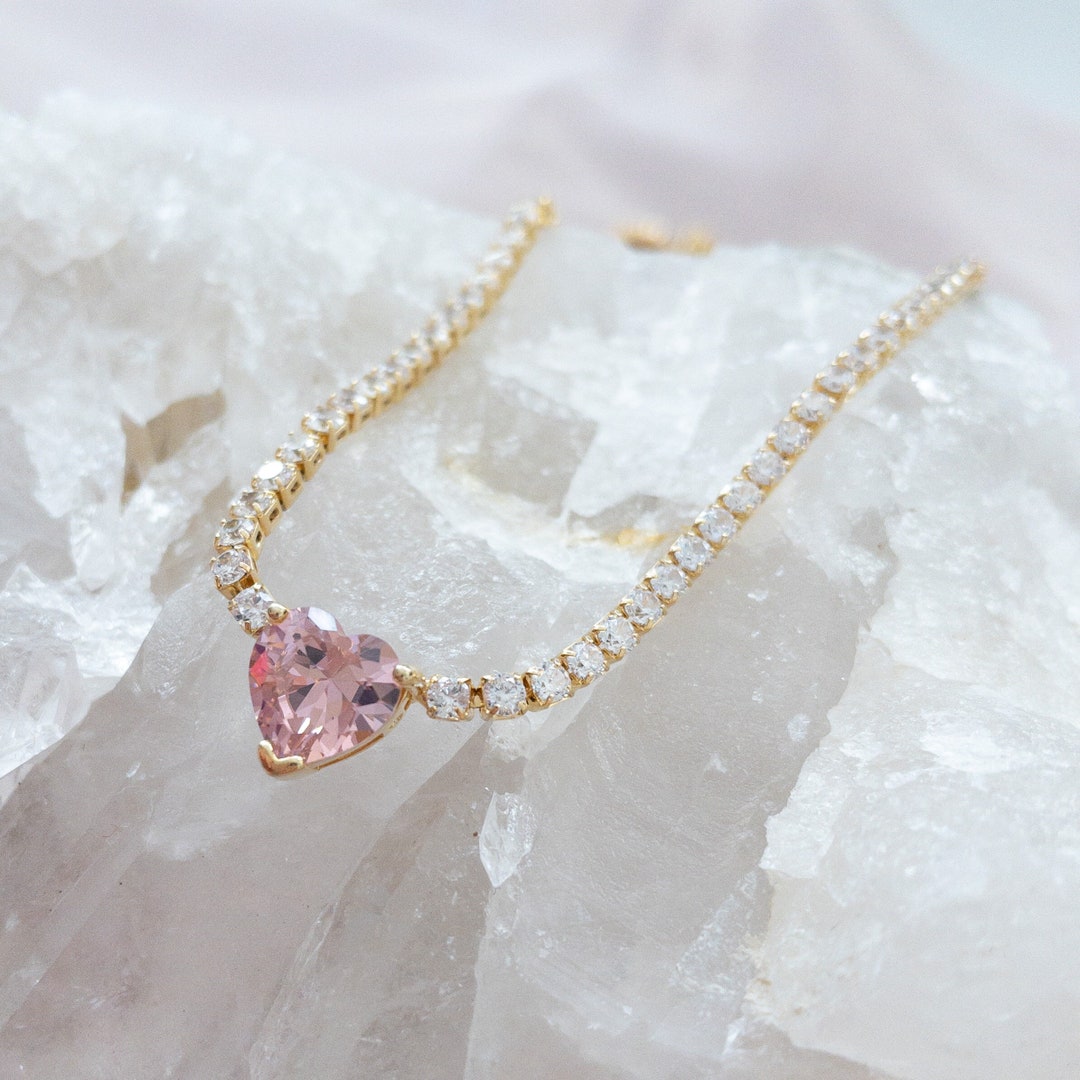 Tennis Necklace Gold Pink Heart Crystal Necklace Statement Etsy