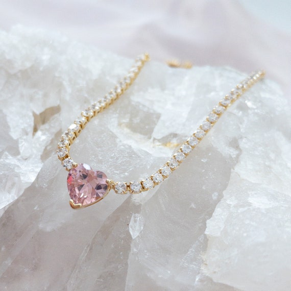 Tennis Necklace Gold Pink Heart Crystal Necklace Statement