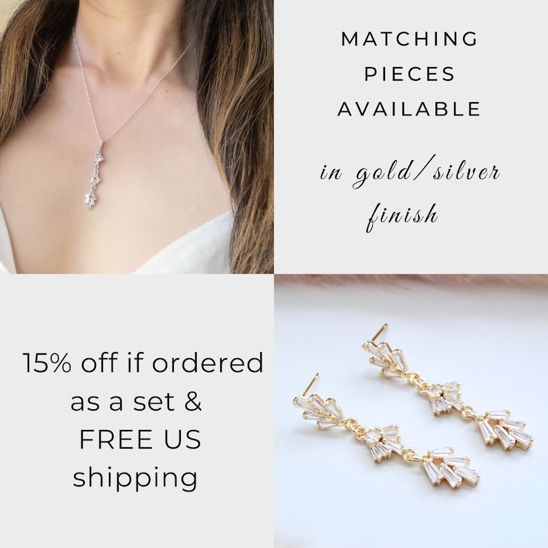 May include: A delicate necklace and matching earrings with a cascading design of clear crystals. The jewelry is available in gold or silver finish. 15% off if ordered as a set and free US shipping.