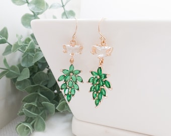 Crystal Flower Dangle Earrings Green Gold Earrings Floral Drop Earrings Emerald Stone Plant Lover Gift for Her Rustic Wedding Guest Earrings