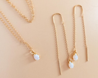 Opal Jewelry Set Minimal Opal Dangle Earrings and Necklace Gift for Teen Girls Holiday Christmas Stocking Stuffer Gift Idea for Daughter