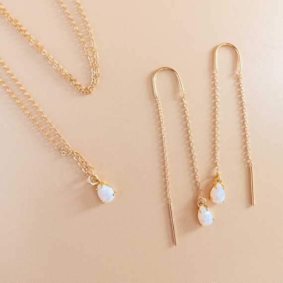 Opal Jewelry Set Minimal Opal Dangle Earrings and Necklace Gift for Teen Girls Holiday Christmas Stocking Stuffer Gift Idea for Daughter