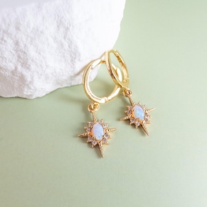 Opal Hoop Earrings, Dainty Opal Earrings, Star Earrings Gold, Huggie Earrings, Small Hoop Earrings,  Stacking Earrings, Gift for Teens