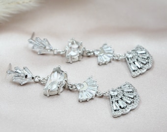 Silver Statement Earrings for Bride Art Deco Earrings Dangle Earrings Boho Bridal Earrings Art Deco Wedding Earrings Silver Earrings Long