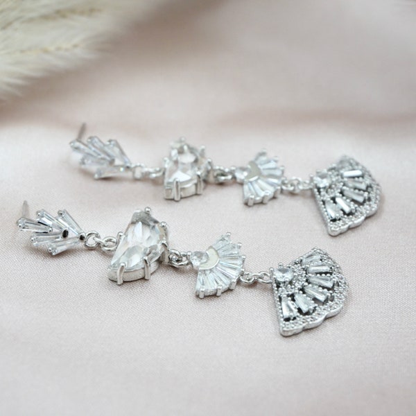 Silver Statement Earrings for Bride Art Deco Earrings Dangle Earrings Boho Bridal Earrings Art Deco Wedding Earrings Silver Earrings Long