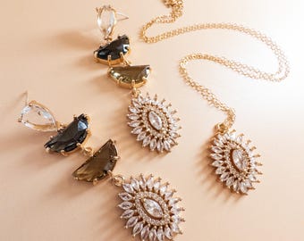 Pendientes de desfile de bronce dorado, pendientes colgantes llamativos de oro negro, pendientes largos de cuarzo ahumado para ocasiones formales, conjunto de joyas de cristal grande