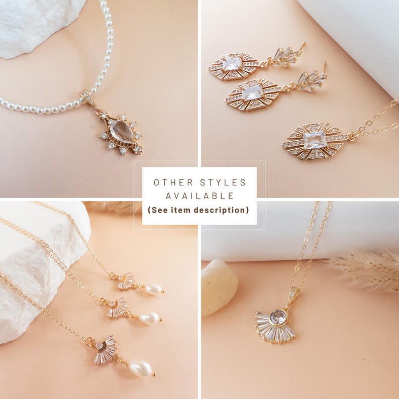 May include: A collection of gold-toned jewelry, including necklaces and earrings, with clear and pearl accents. The necklaces feature intricate pendant designs. The image includes the text "OTHER STYLES AVAILABLE (See item description)".