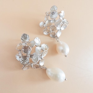 Hydrangea Earrings Silver Statement Earrings with Pearls Silver Flower Pearl Earrings Hydrangea Gift for Wife from Husband Gift for Mom